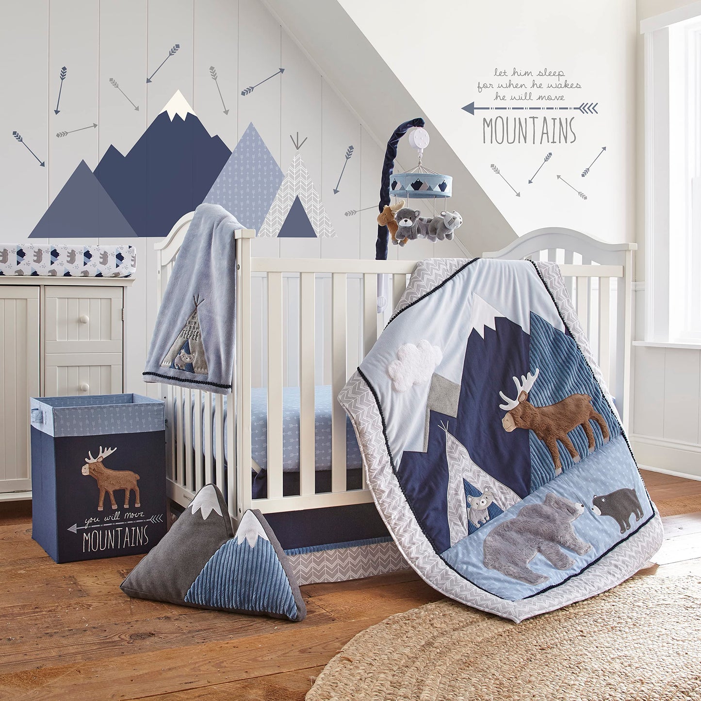 Levtex Baby - Trail Mix Musical Rotating Baby Crib Mobile - Plush Bears , Moose and Racoon - Grey, Blue, Navy, Brown, White - Nursery Accessories#