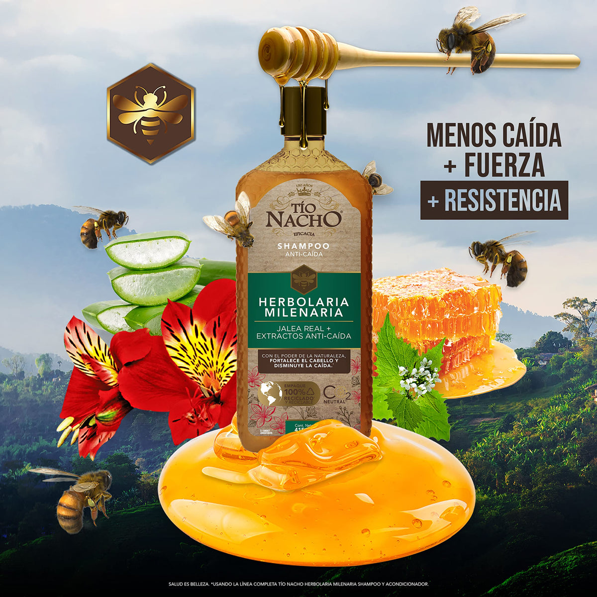 Tío Nacho HERBOLARIA MILENARIA, Shampoo JALEA REAL, extractos de CHILE, BARDANA, ALOE VERA y JOJOBA, Anti-Caída gracias al poder de la naturaleza fortalece el cabello y disminuye la caída, Fortalecimiento Capilar,100% reciclados y reciclables 1 L