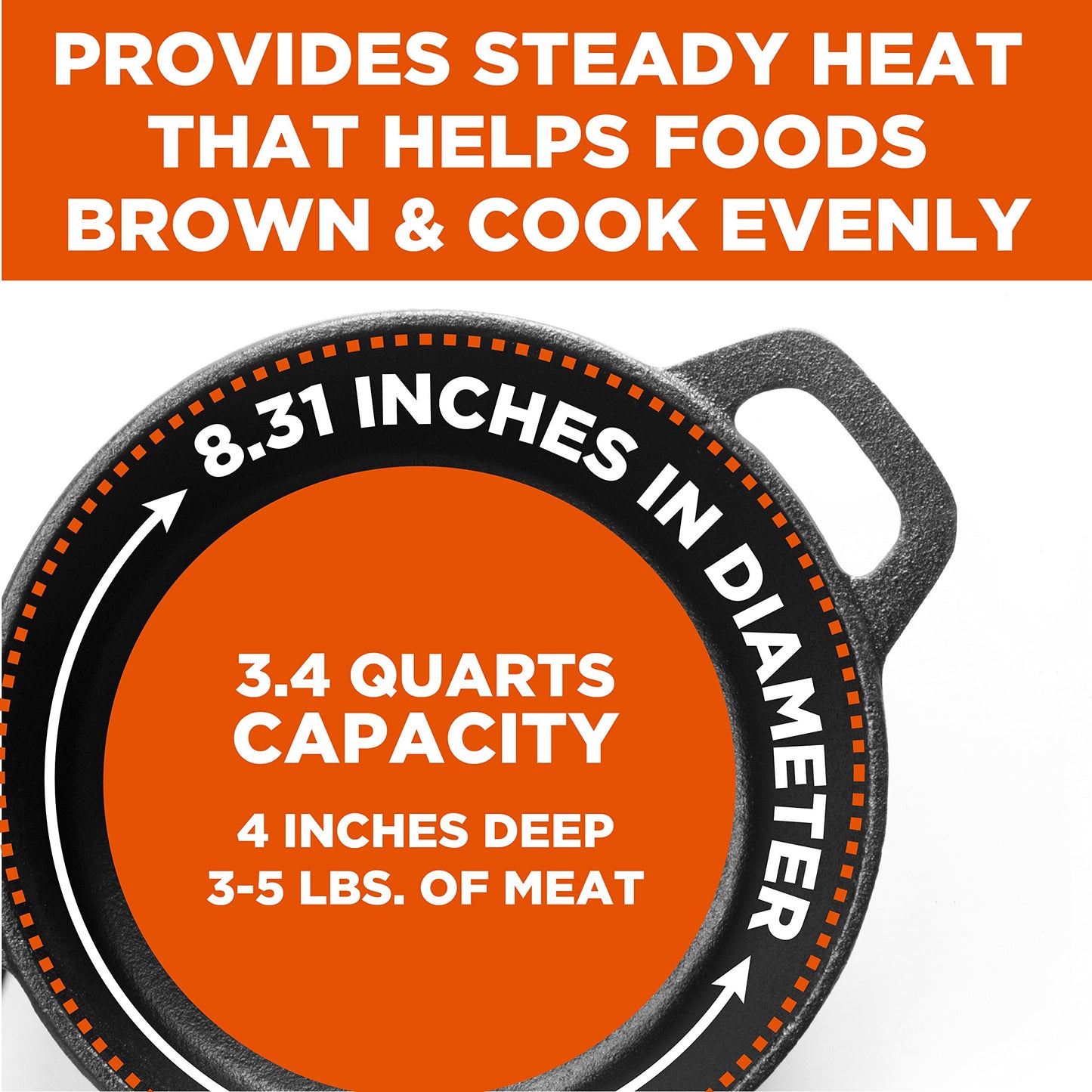 Cast Iron 3.4 Quart Cuisine Dutch Oven Set with Dome Lid & Handles for Outdoor & Indoor Cooking by Commercial Chef