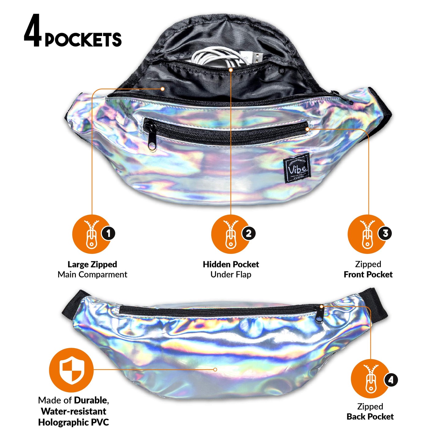 Riñonera Vibe Festival Gear Negra Plateada Dorada Holográfica para Hombres y Mujeres