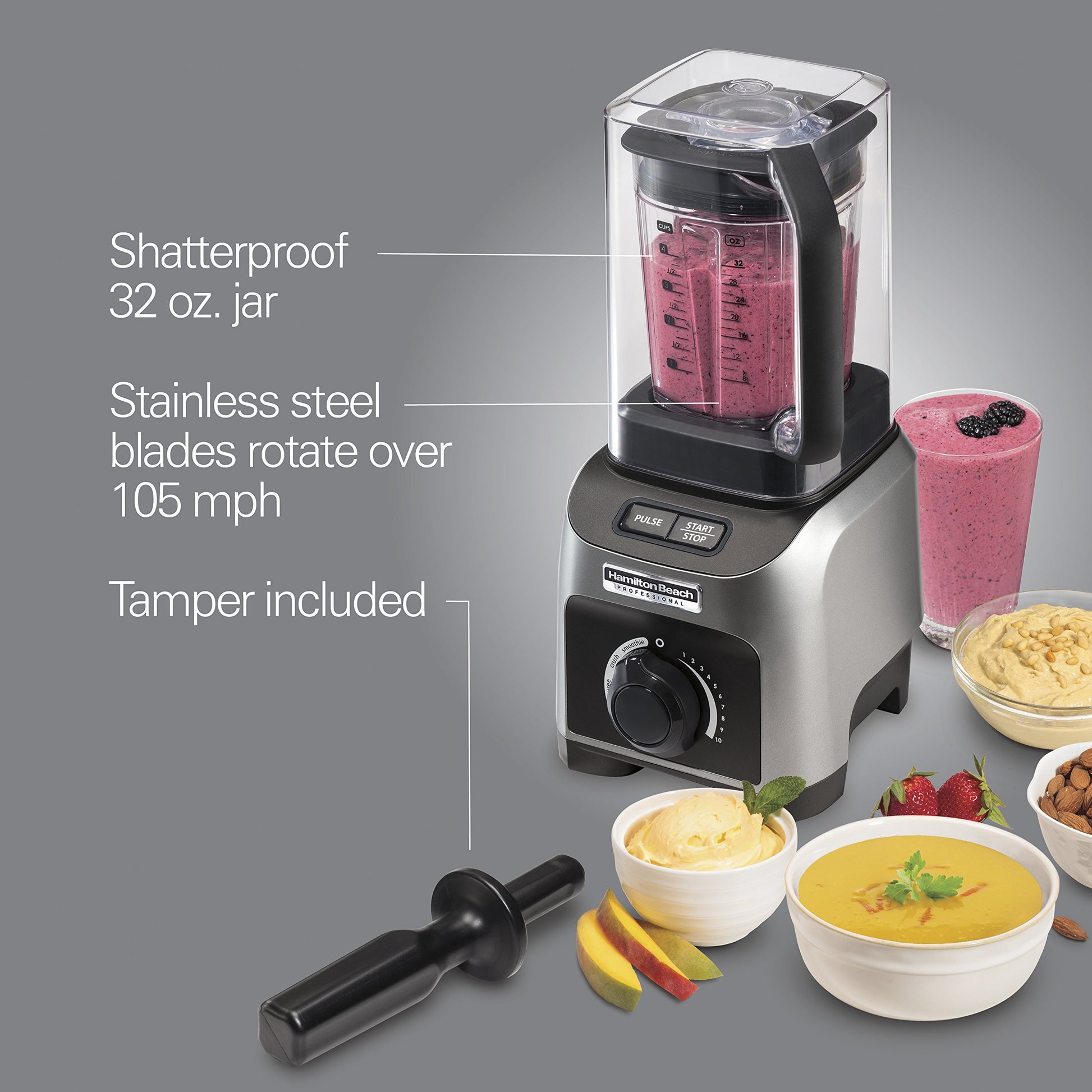 Hamilton Beach Licuadora profesional de 1500 W, silenciosa con jarra de 32 oz sin BPA y 4 programas, plateado (58870)