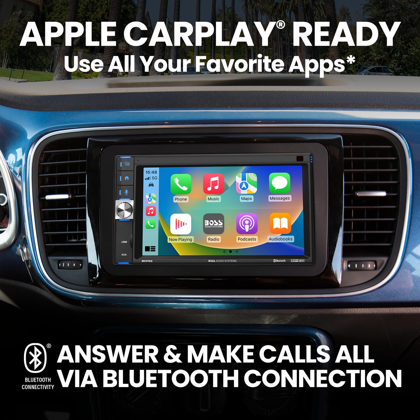 Boss Audio Systems BCP62 - Estéreo de Coche - Apple CarPlay, Doble DIN, visualización táctil capacitiva de 6.2 Pulgadas, Bluetooth, sin Reproductor de CD y DVD, Receptor de Radio Am/FM, USB