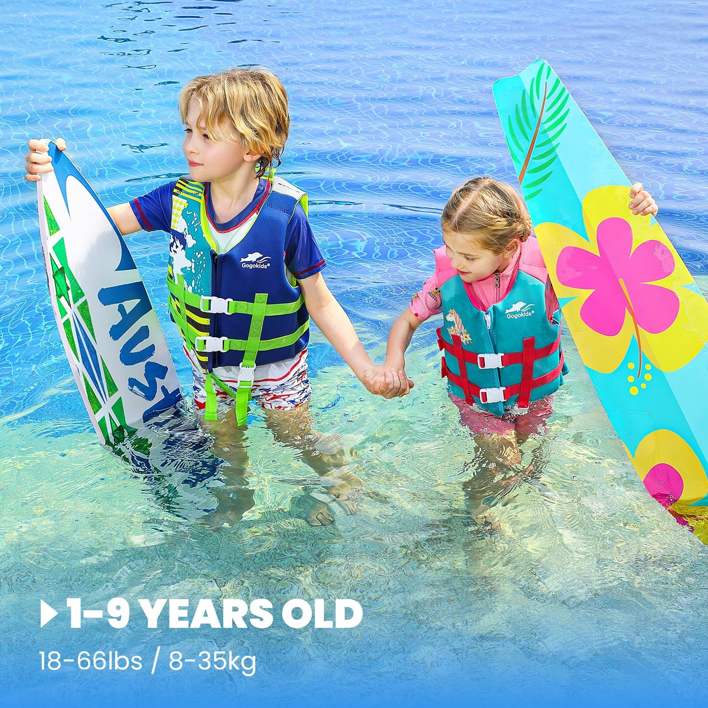 Gogokids - Chaleco de natación para niños pequeños, chamarra flotante para niñas y niños de 20-30-40-50 libras, flotadores de natación con correa de seguridad ajustable Duel, para niños de 2-9 años