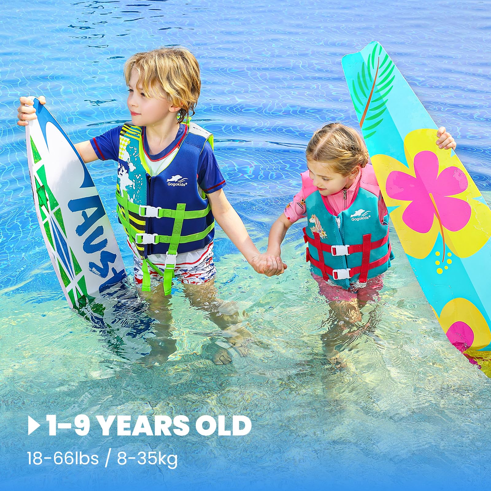 Gogokids - Chaleco de natación para niños pequeños, chamarra flotante para niñas y niños de 20-30-40-50 libras, flotadores de natación con correa de seguridad ajustable Duel, para niños de 2-9 años