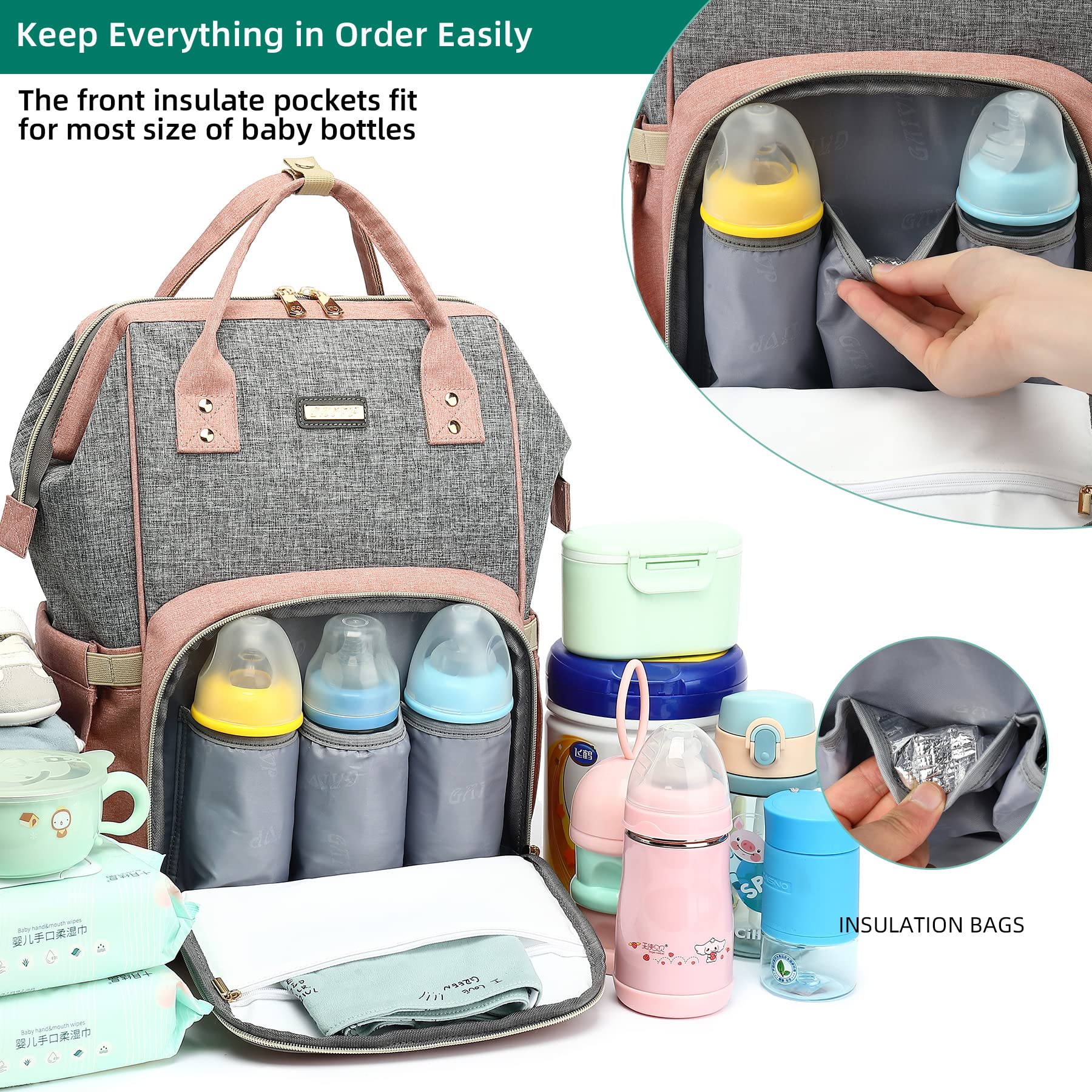 GAIVP - Mochila para pañales para bebés niñas y niños, bolsas de bebé para mamás y papás, bolsa cambiadora de pañales con bolsillos aislados, mochila impermeable multifuncional con correas de carriola