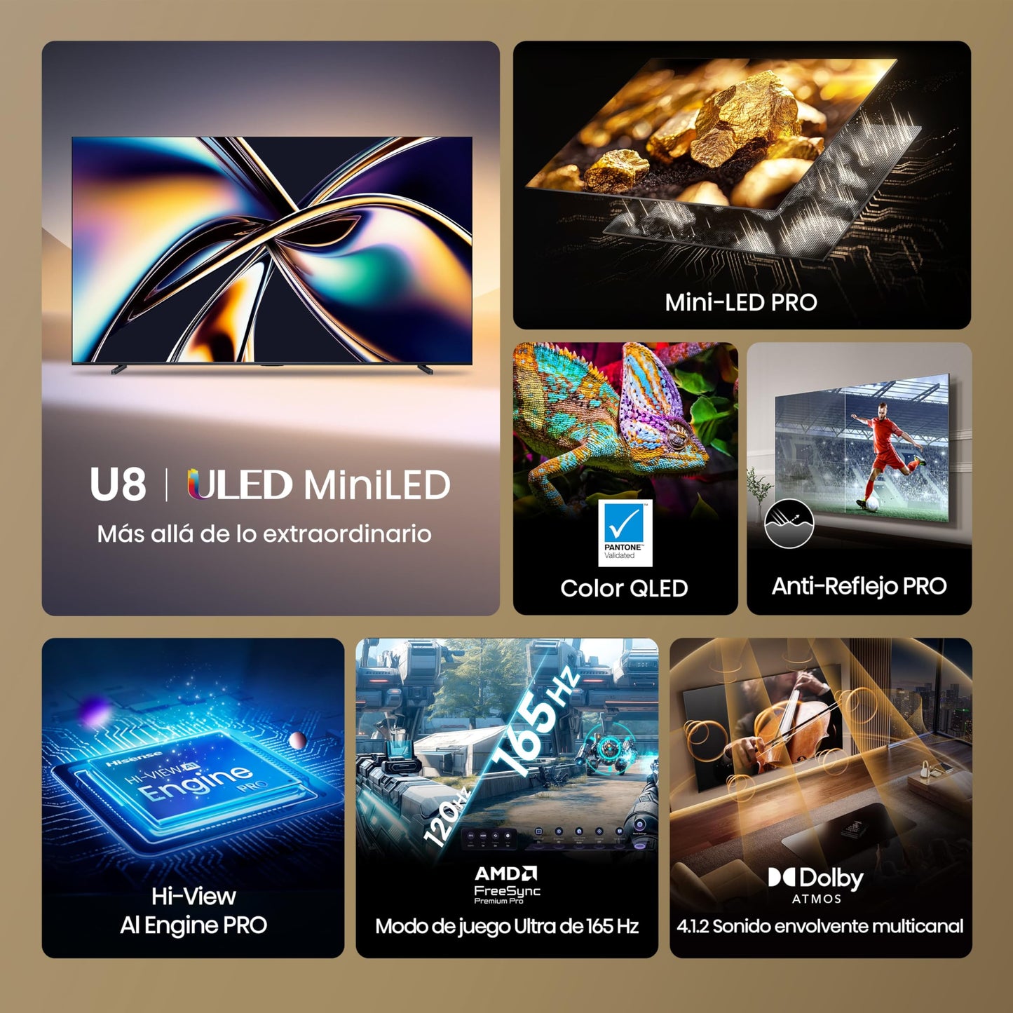 Hisense Television U8QG(Modelo 2025) Pantalla 100 Pulgadas,Mini-LED Pro Smart Google TV UHD 4K,Control Remoto por Voz con Alexa,Modo de Juego Ultra de 165 Hz,Hi-View AI Engine Pro