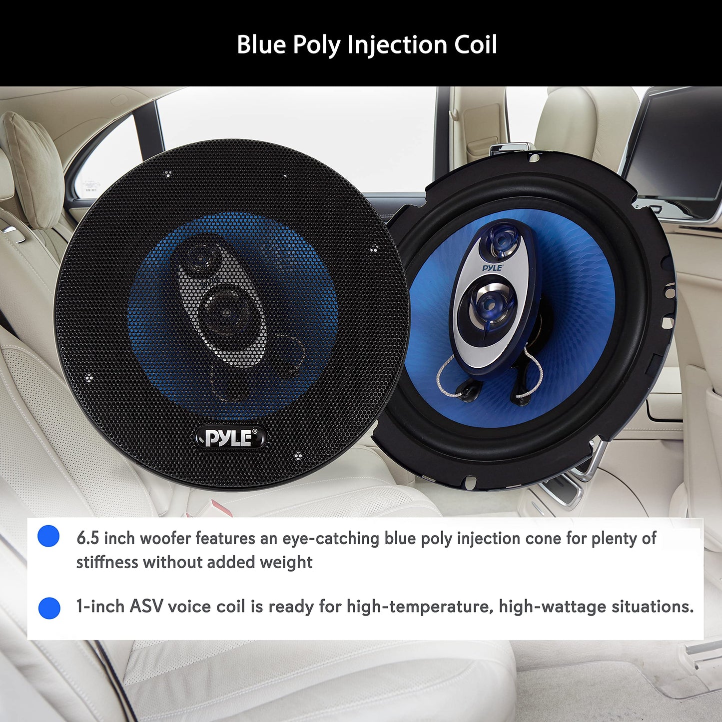Pyle Bocinas de 6.5 pulgadas para coche estéreo - 180W RMS / Potencia de 360W. Impedancia 4 Ohmios. Tweeter Piezoeléctrico de 3/4 Pulgada. Triaxial de Rango Completo. Forma Redonda, Azul. 2 Pzas