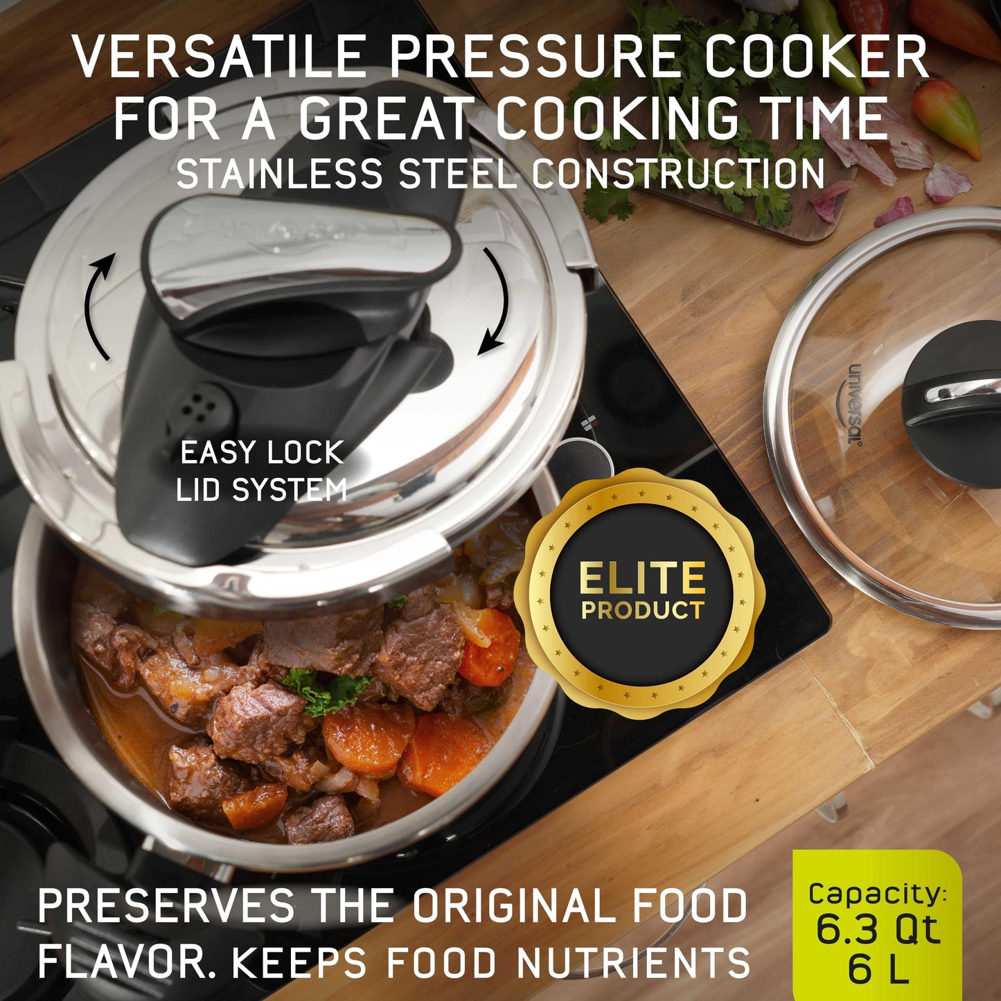 Olla de Presión Universal Acero Inoxidable 6 Litros con Tapa de Vidrio Adicional para Cocinas de Inducción