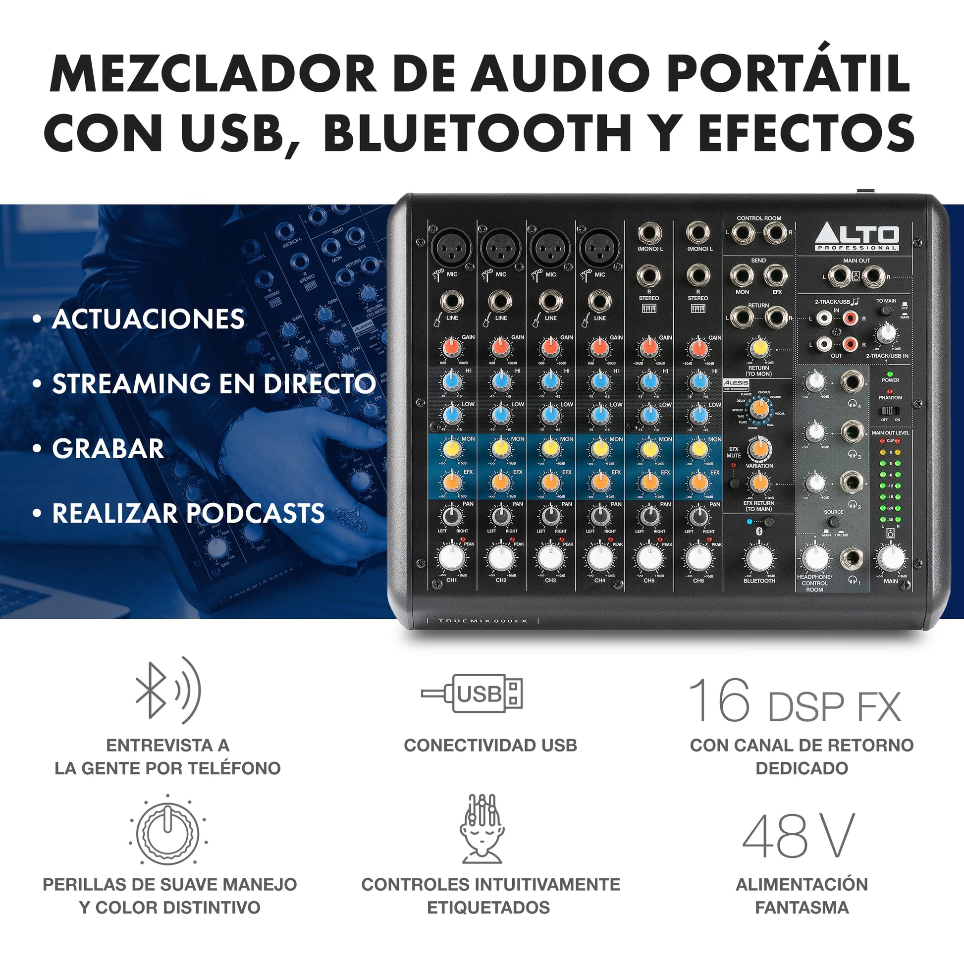 Mezcladora de Audio ALTO TrueMix 800FX Bluetooth para Podcasts y Grabación
