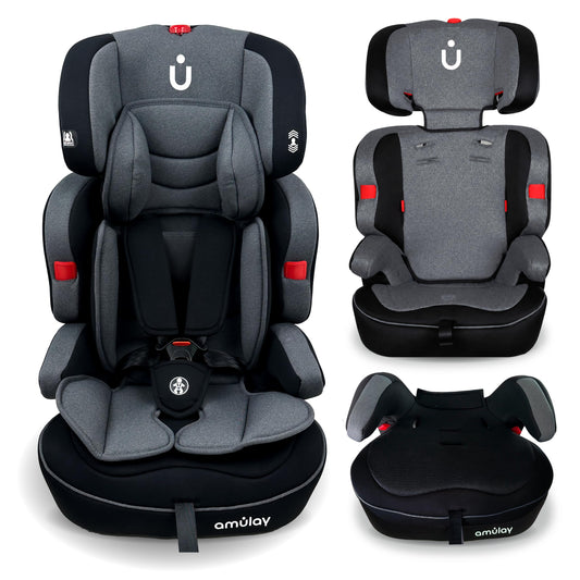 Autoasiento Amulay Gris Negro con Arnés de 5 Puntos y Respaldo Reclinable para Bebé 9-36 kg