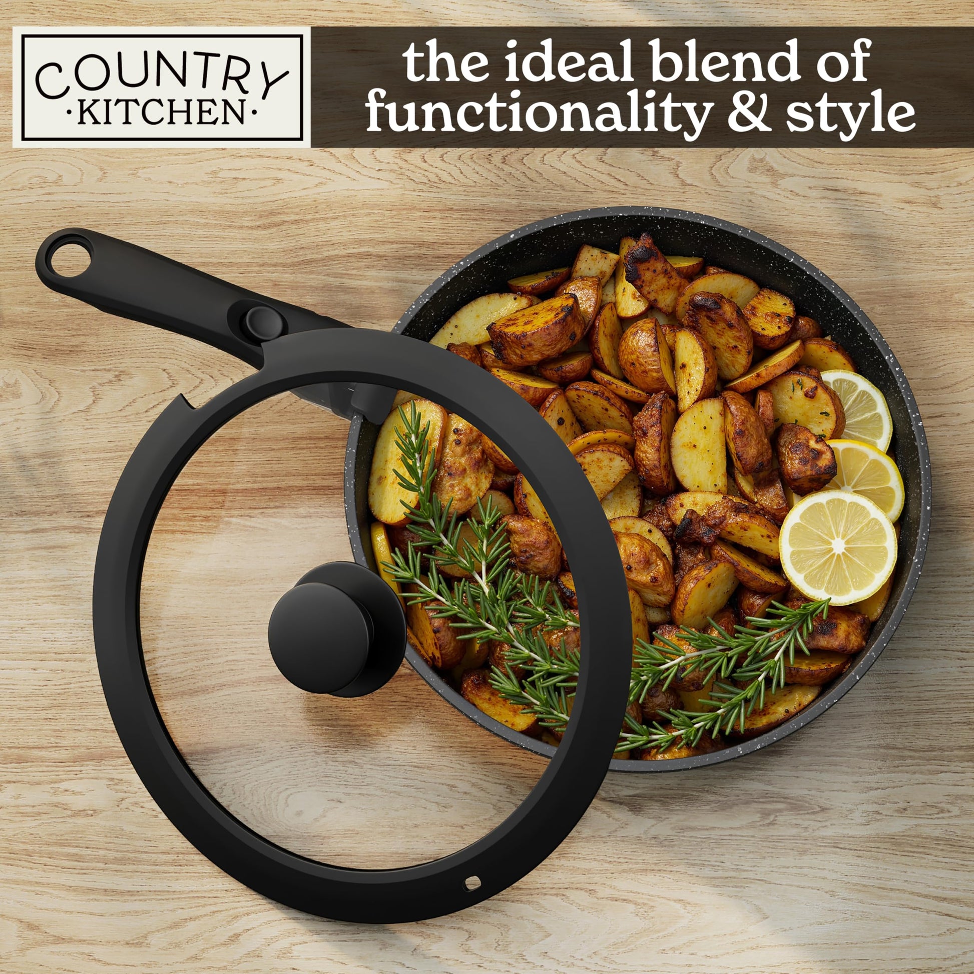Country Kitchen - Juego de ollas y sartenes de 13 piezas, utensilios de cocina antiadherentes seguros con mango extraíble, juego de utensilios de cocina para RV, apto para horno (negro)