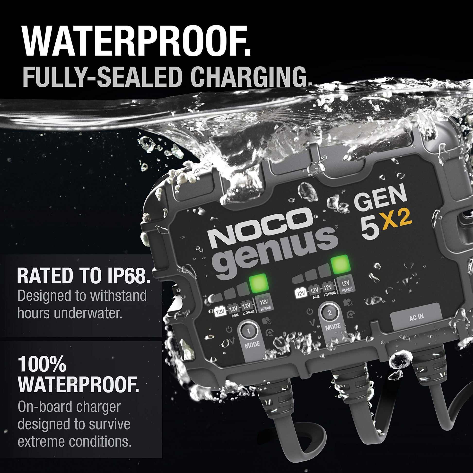 NOCO Genius GEN5X2, cargador de batería inteligente marino de 2 bancos, 10 A (5A/Banco), cargador de barco a bordo, impermeable de 12 V, mantenedor de batería y desulfador para baterías AGM, litio (LiFePO4) y ciclo profundo