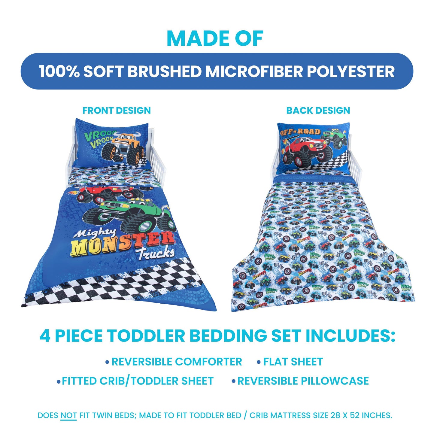 Todays Kids Monster Trucks - Juego de ropa de cama infantil para niños, juego de edredón de 4 piezas para niños, edredón reversible y funda de almohada, sábana encimera, sábana bajera, microfibra
