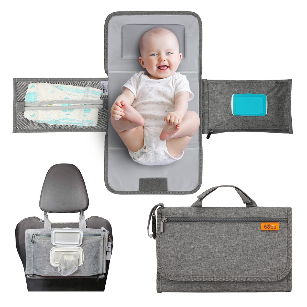 Kopi Baby - Cambiador de pañales portátil para bebé, bolsa de viaje con bolsillo para toallitas, tapete cambiador portátil de diseño inteligente, kit de estación de viaje para bebés, regalo para niñas