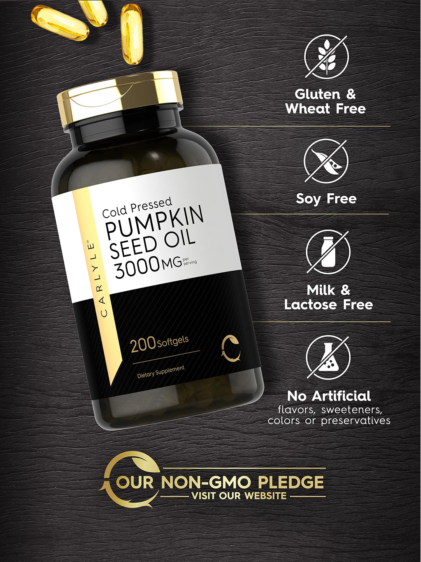 Carlyle Aceite de Semilla de Calabaza 3000mg 200 Cápsulas - Ácidos Grasos - Urinario - Piel - Corazón - Digestión - Hecho en USA