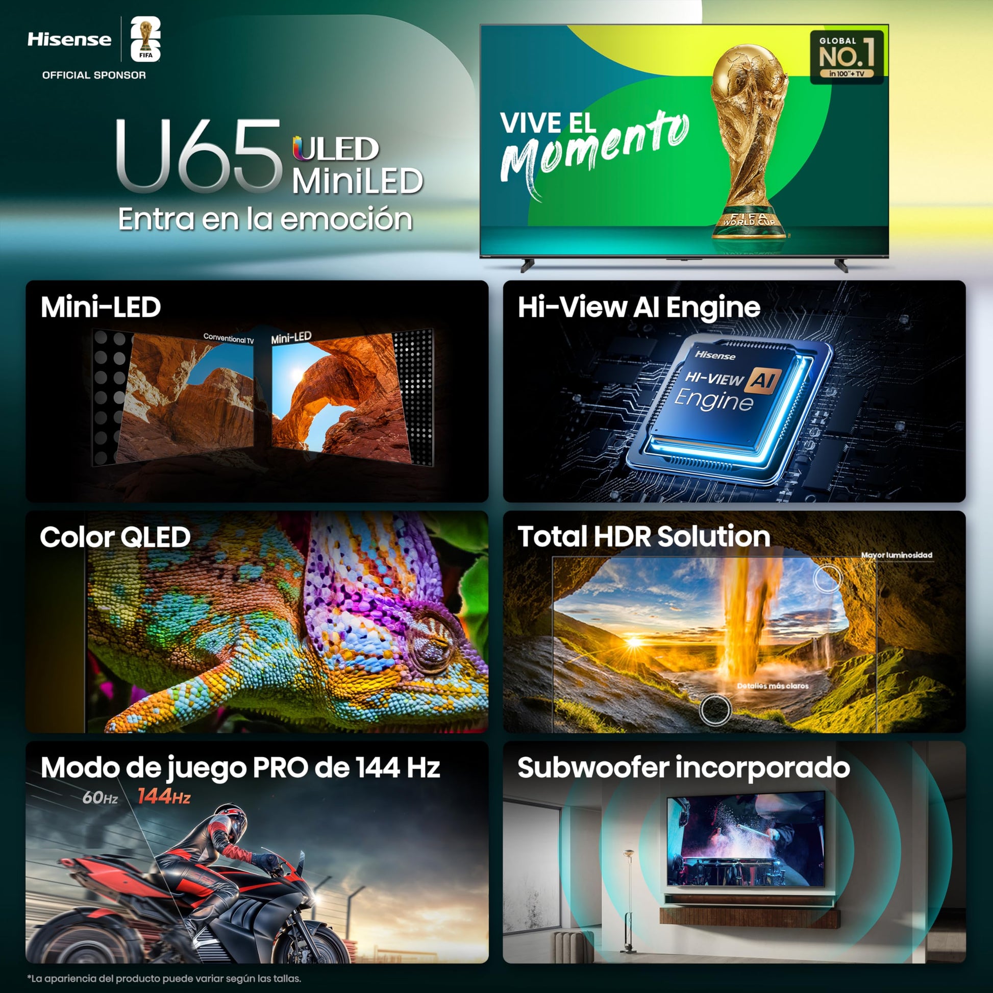 Hisense Television U65QFM (Modelo 2025) Pantalla 55 Pulgadas,Mini-LED Smart Fire TV UHD 4K,Control Remoto por Voz con Alexa,Modo de Juego Pro de 144 Hz,Hi-View AI Engine, mira TV en Vivo sin Cable