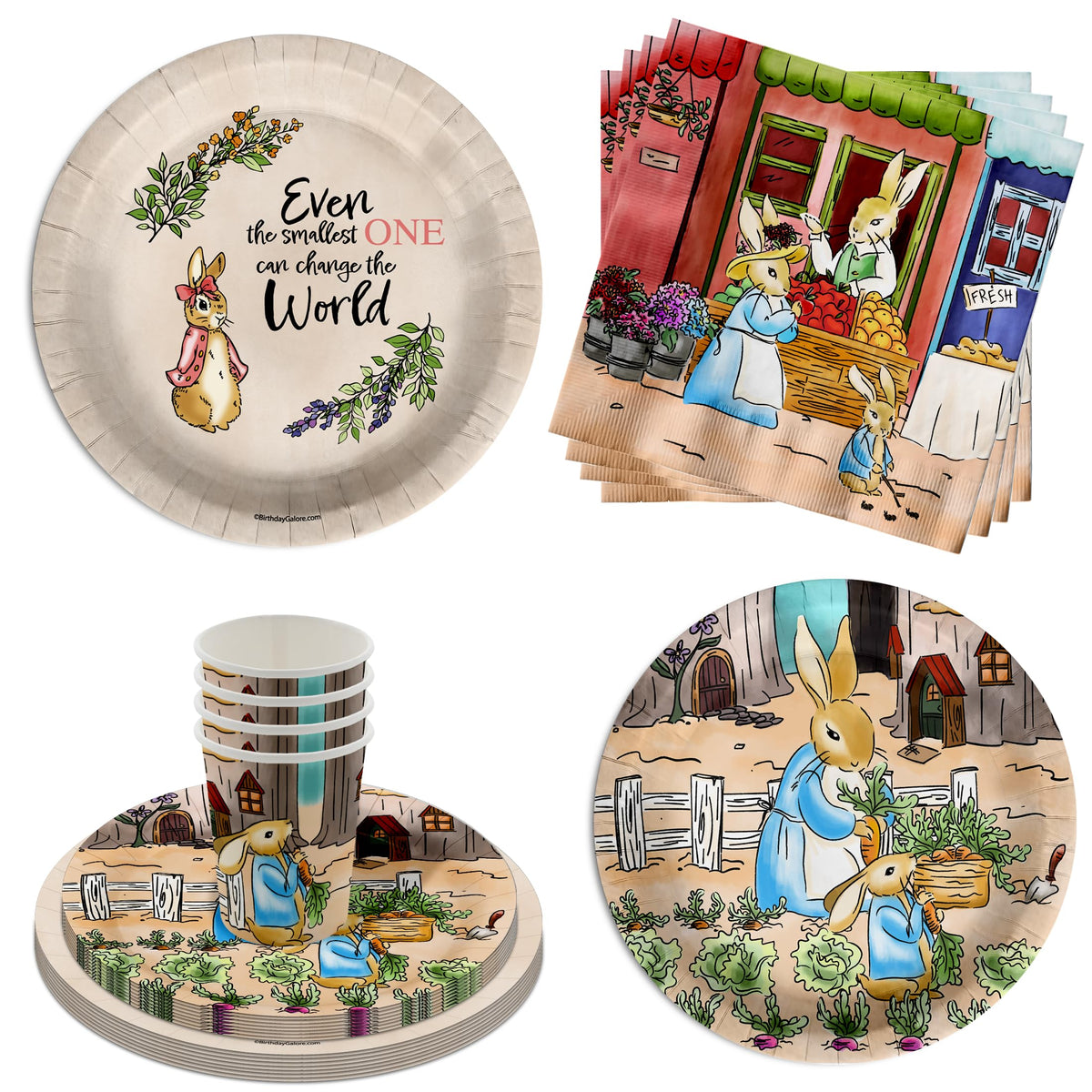 Peter Rabbit - Suministros para fiesta de baby shower para niña, 64 piezas, juego de vajilla de primavera para baby shower, incluye platos grandes de 9 pulgadas y platos de papel de postre de 8