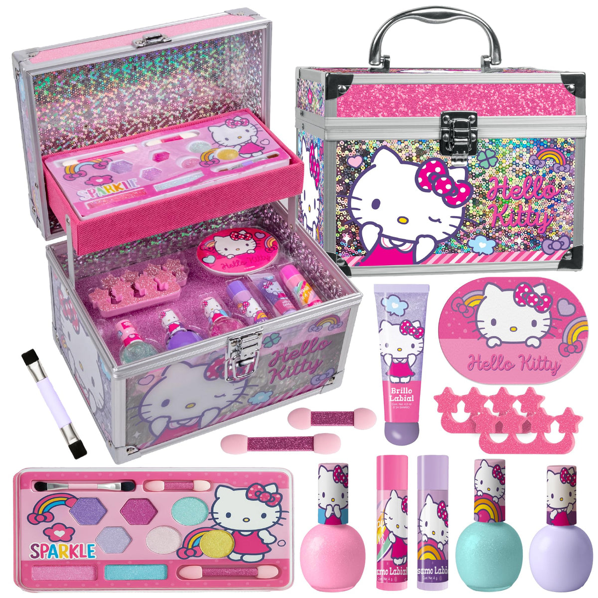 MAKEUPERIA Estuche de Maquillaje Infantil con Diseño Hello Kitty, Maletín Metálico con Espejo, Sombras, Brillos, Esmaltes, Lima, Separadores, Pinceles y Bandeja, Maquillaje Lavable y Seguro para Niñas