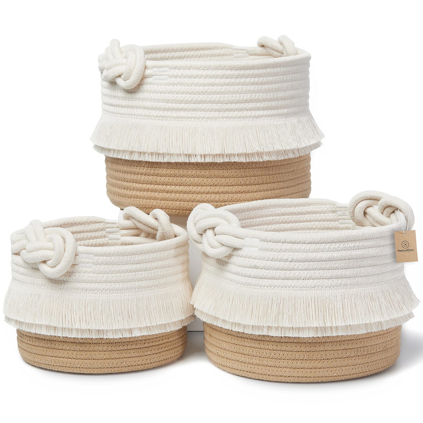 NaturalCozy - Juego de cestas decorativas de almacenamiento de 3 piezas, canastas tejidas de cuerda de algodón para organizar Cesta pequeña para guardería, cesta de regalo, Montessori, cubeta de