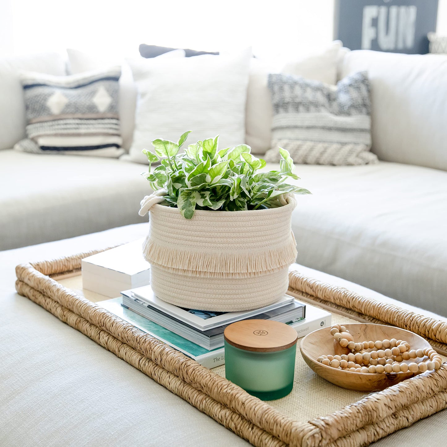 NaturalCozy - Juego de 3 cestas de almacenamiento bohemias para decoración – Canastas tejidas de cuerda de algodón para organizar Artículos pequeños para bebés, ducha, cesta de regalo, maceta de