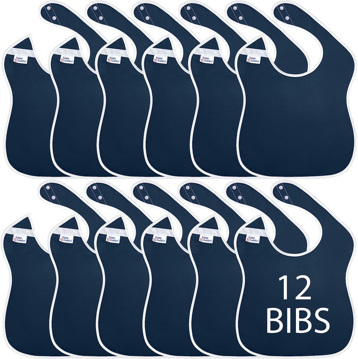 Toppy - 12 baberos grandes impermeables de color azul marino para bebés de 1 a 4 años - Baberos de tela ligera, suave y duradera con botones a presión para niñas y niños, apto para secadora y fácil de