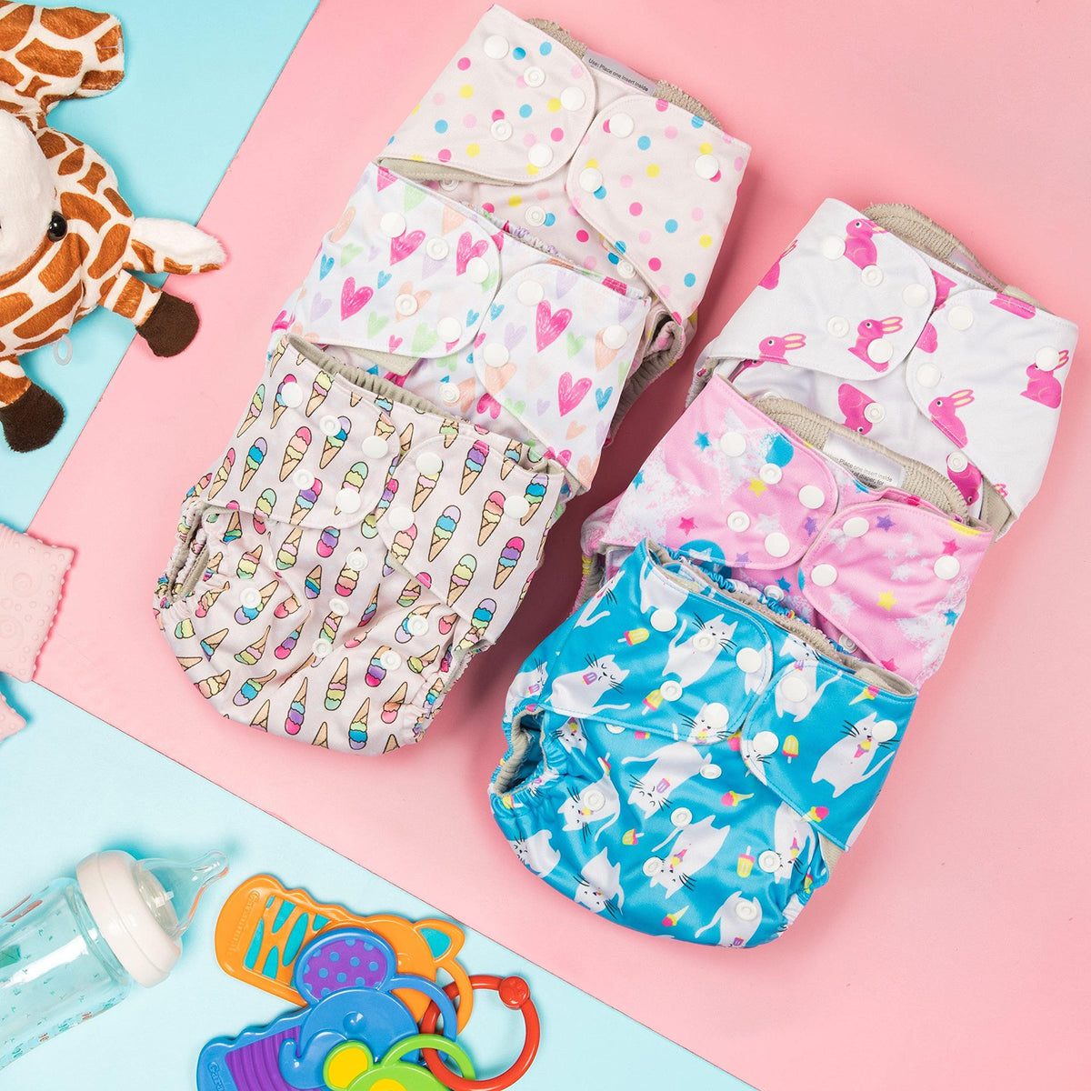 Simple Being - Pañales de tela reutilizables, paquete de 6, de bolsillo, tamaño ajustable, cubierta impermeable, 6 insertos, bolsa húmeda, doble refuerzo (Dulces)