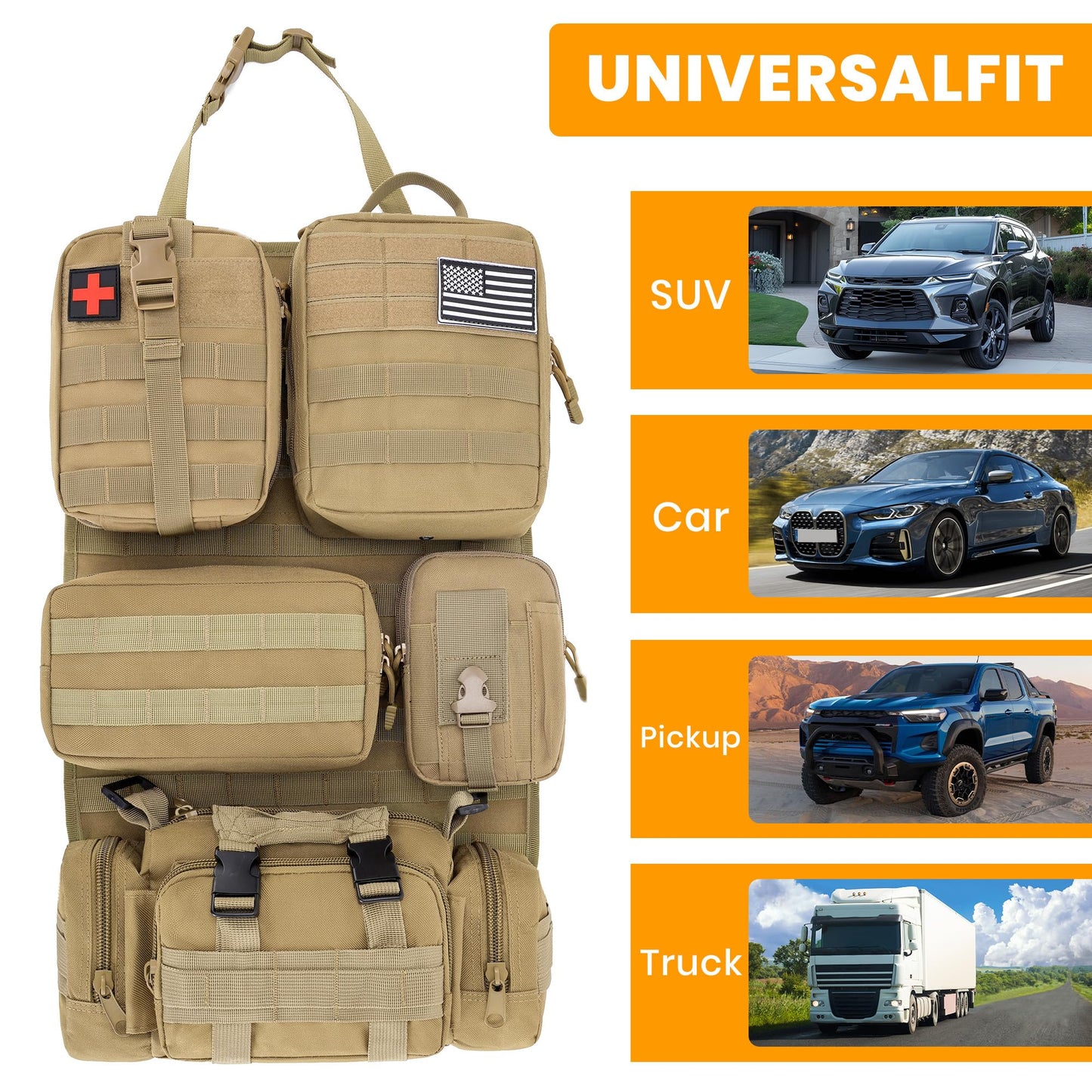 Paquete de 6 Organizadores Tácticos MOLLE para Respaldo de Asiento de Auto - Bolsa de Almacenamiento Universal para Vehículo con 5 Bolsillos MOLLE Desmontables, Parche de Bandera de EE.UU., Compatible