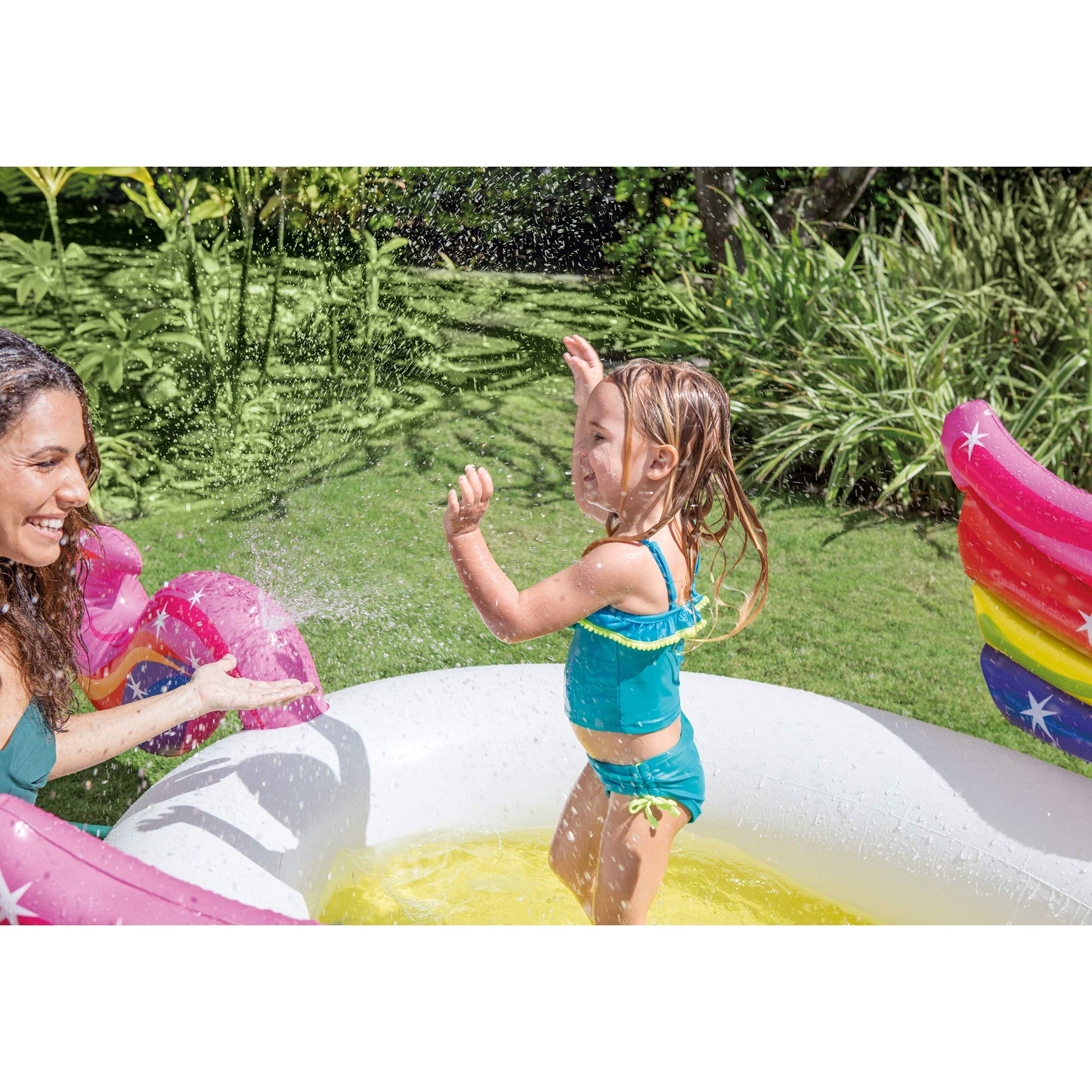 Intex- Inflable de unicornio , para alberca , 107" X 76" X 41", para mayores de 2+