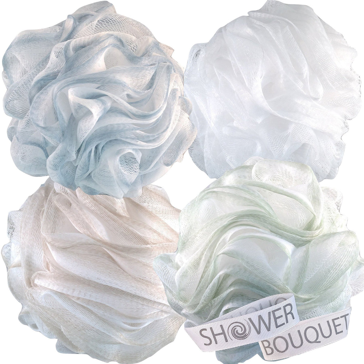 Loofah Bath Sponge XL 75g Soft Set by Shower Bouquet: 4 Pack Pastel Colors - Extra Large Mesh Pouf Scrubber for Men and Women - Exfoliate with a Big Lush Lathering Cleanse & Beauty Bathing Accessories