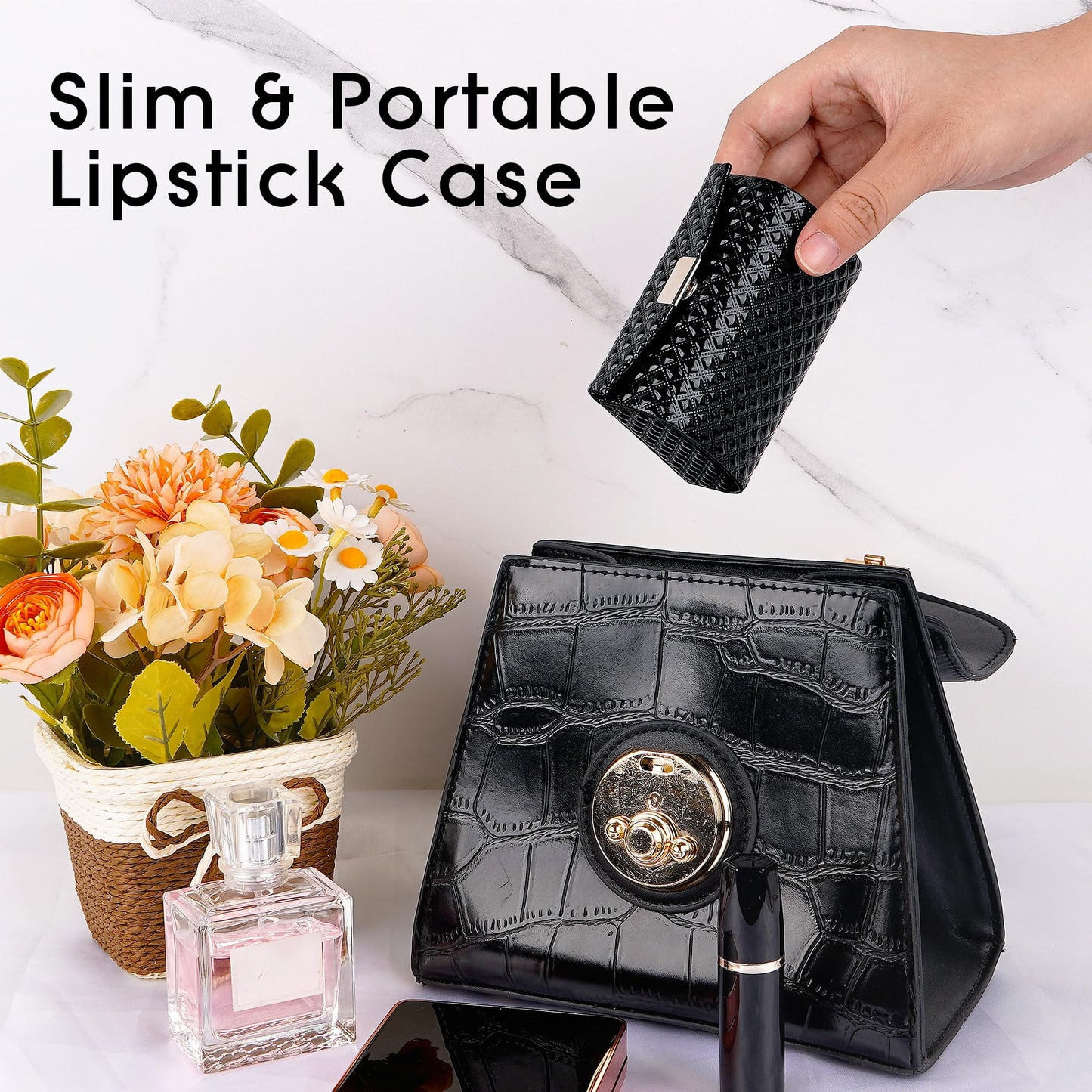 BUNCHBRAVO - Estuche para lápiz labial para 2 tubos, patrón de diamante, soporte para lápiz labial de piel vegano con espejo para retocar, organizador de maquillaje de viaje con cierre a presión