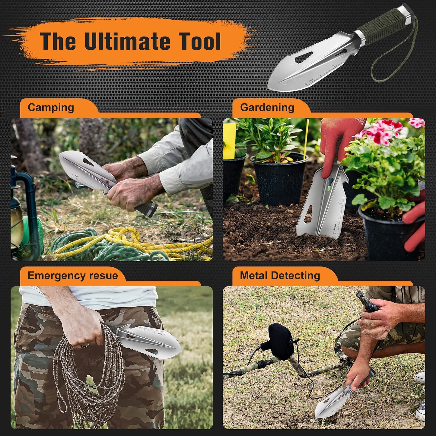 FLYEGO - Paleta de mochilero, ligera, accesorios para camping, senderismo, pala, pala de mano, ultraligera, con bolsa de transporte para detectar metales, excavar, jardinería, exterior (plata) 9 en 1