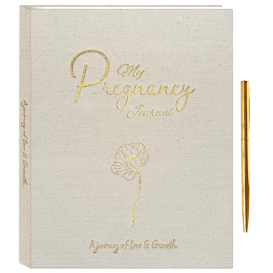 Diario de Embarazo de Lino con Elegante Bolígrafo Dorado para Madres