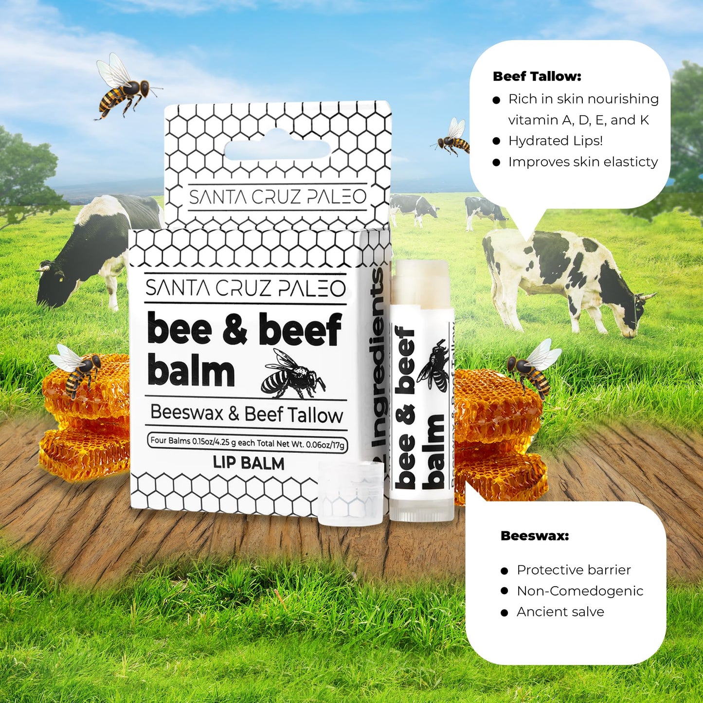 Lingtoolator aleo Beef Tallow Beeswax Lip Balm Hydrating Moisturizer, Natural Grass Fed Lip Care Tallow Balm Soothes Chapped, Dry Lips, Hypoallergenic for Sensitive Skin, Long Lasting & Vitamin Rich