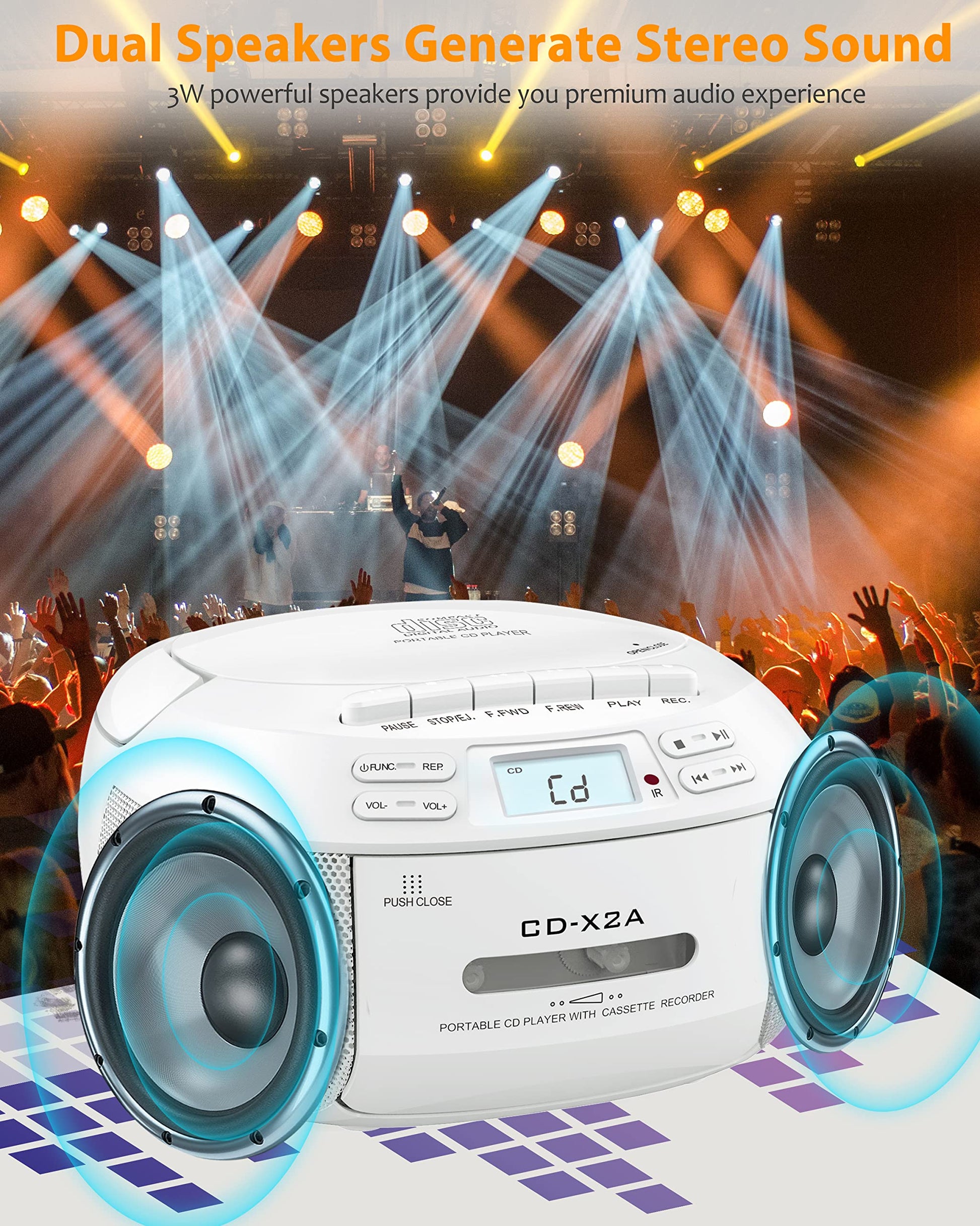 Greadio Reproductor de CD Boombox Cassette Combo con Bluetooth, radio AM/FM, sonido estéreo con control remoto, unidad AUX/USB, grabación de cinta, alimentación CA/CC, conector de auriculares,