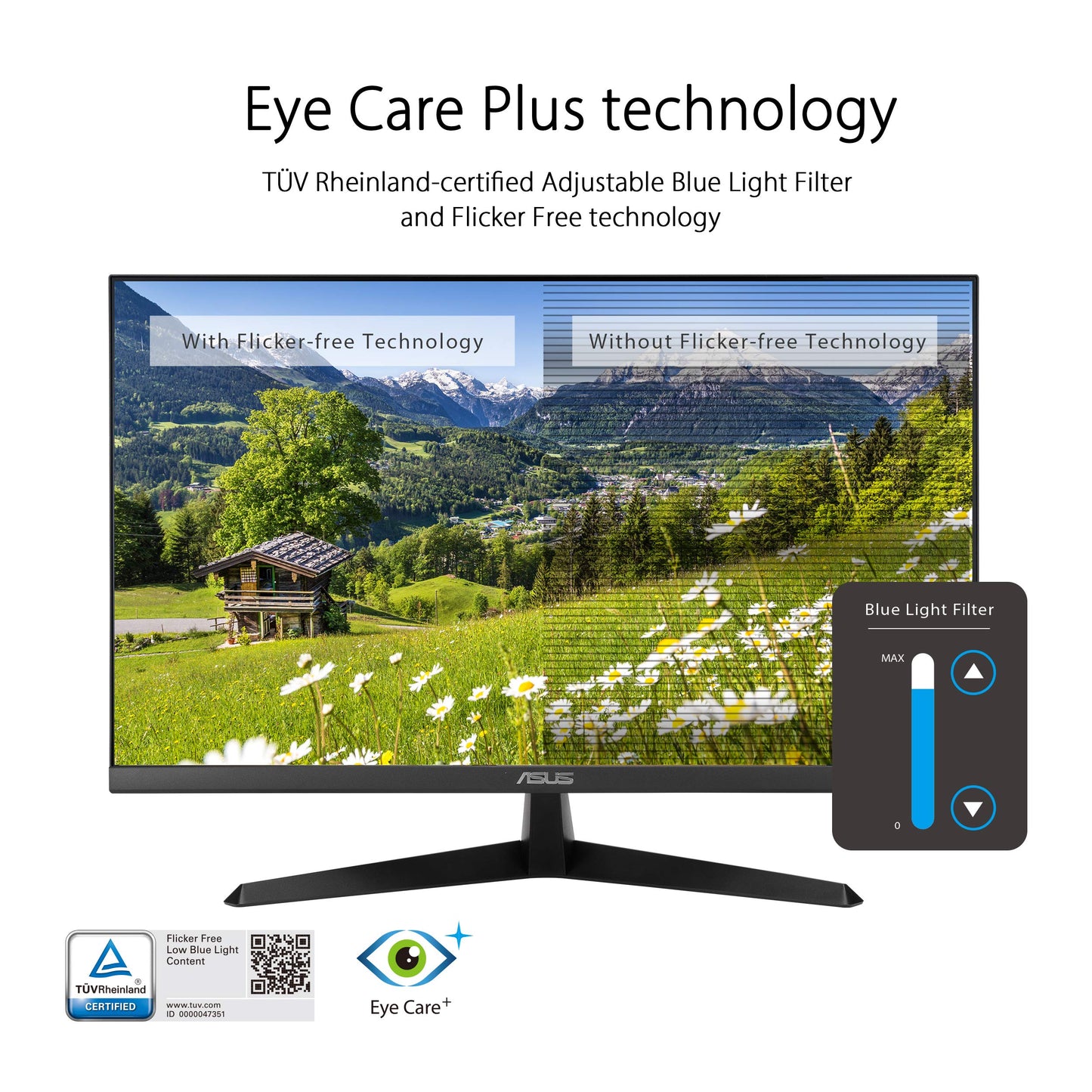 Asus Monitor Eye Care Plus 27" VY279HE, FHD, 1080p, IPS, 75Hz, 1ms, FreeSync, aumento de color, filtro de luz azul, sin parpadeo y tratamiento antibacteriano patentado