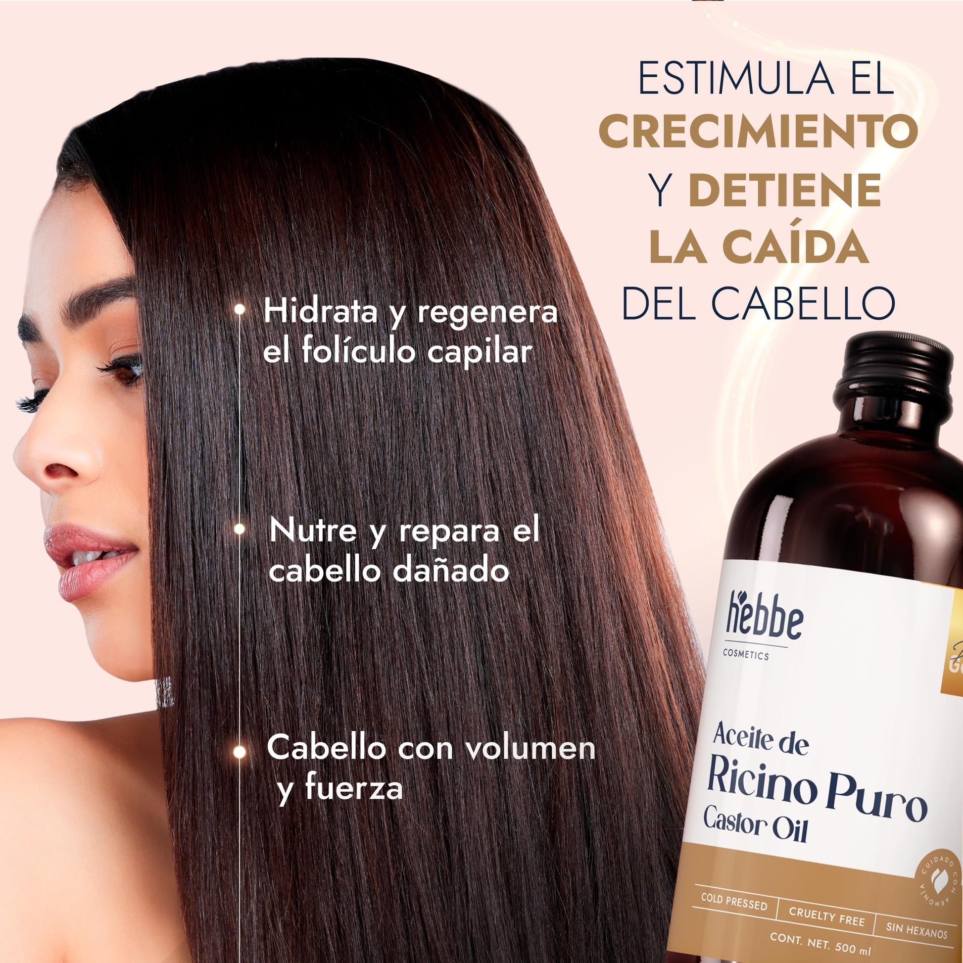 Hebbe | Aceite de Ricino Puro | Nutre e Hidrata | Aceite de Ricino para cabello, pestañas, barba, uñas y cejas | 500 ml