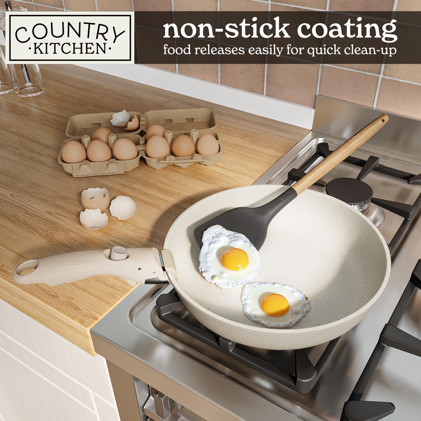 Country Kitchen Juego de ollas y sartenes de 13 piezas juego de utensilios de cocina antiadherentes mango desmontable juego de utensilios de cocina RV apto para lavaplatos/horno (crema), YFAC13RH CRM