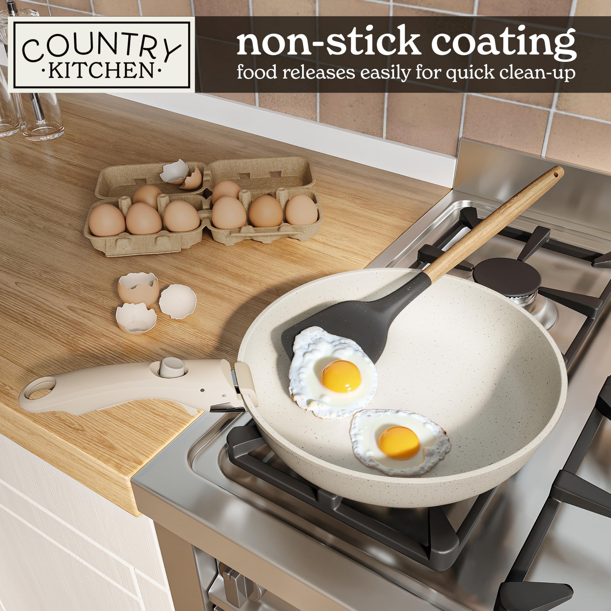 Country Kitchen Juego de ollas y sartenes de 13 piezas juego de utensilios de cocina antiadherentes mango desmontable juego de utensilios de cocina RV apto para lavaplatos/horno (crema), YFAC13RH CRM