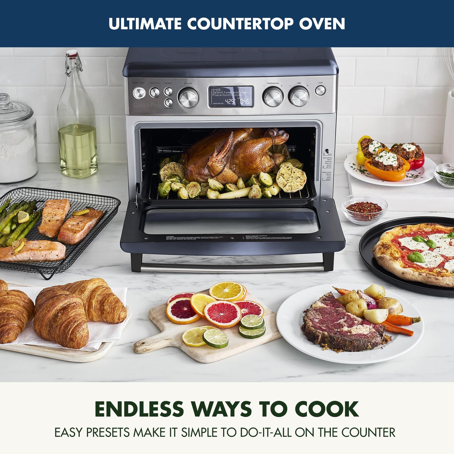 GreenPan Elite - Horno de convección para freír, 13 ajustes preestablecidos fáciles de usar, interior antiadherente sin PFAS, estantes ajustables, charola para hornear, bandeja para pizza, cesta,
