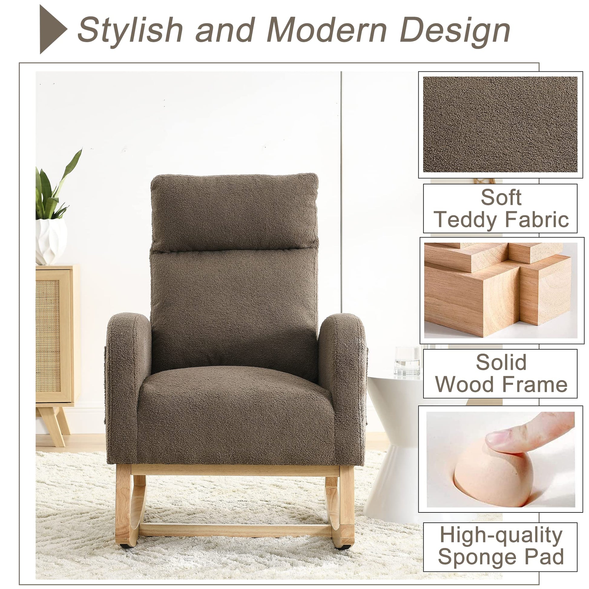 Krinana - Mecedora de guardería con patas de madera maciza, silla planeadora para guardería con dos bolsillos laterales, sillón basculante para sala de estar y recámara (café, tela de peluche)
