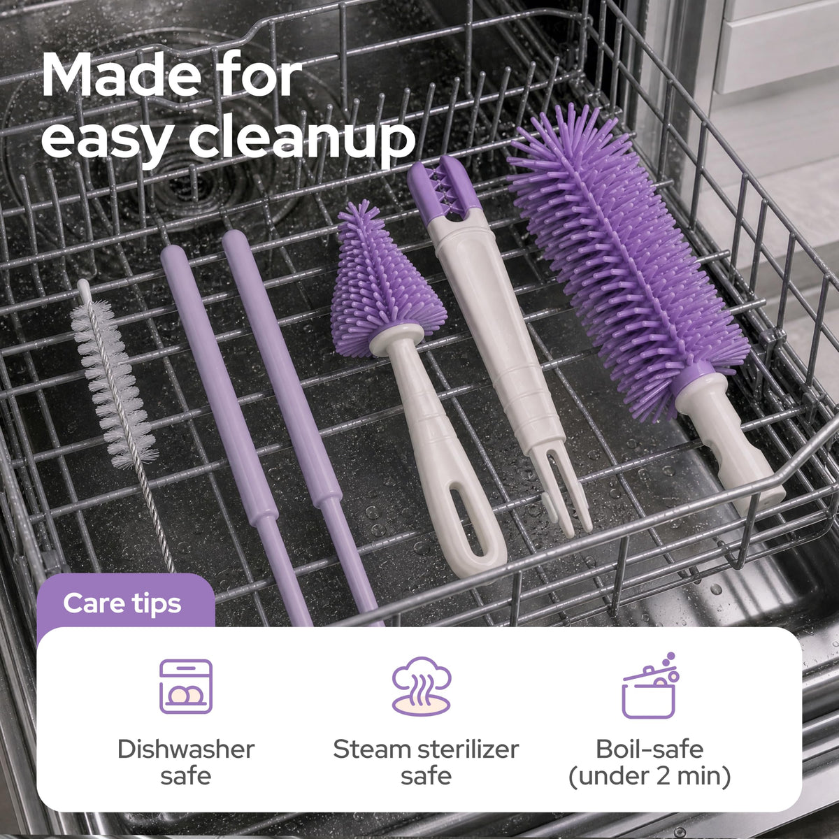 lalark Juego de cepillos para biberones 7 en 1, kit de limpieza de biberones de silicona sin BPA, cepillo de doble cabeza, cepillos para pezones, dispensador de jabón y estante de secado, limpiador