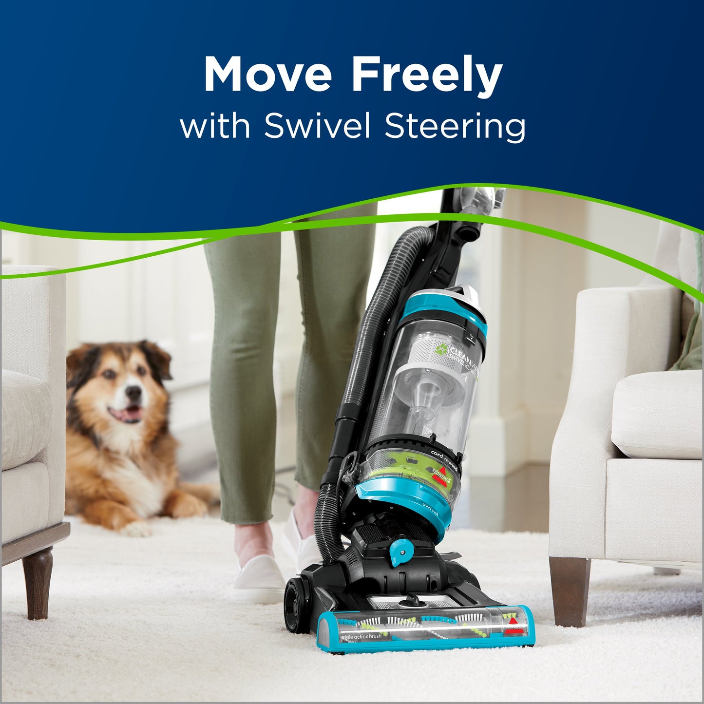 Bissell Cleanview - Aspirador Giratorio para Mascotas, Aspiradora Solamente, Teal Rewind Pet, 1