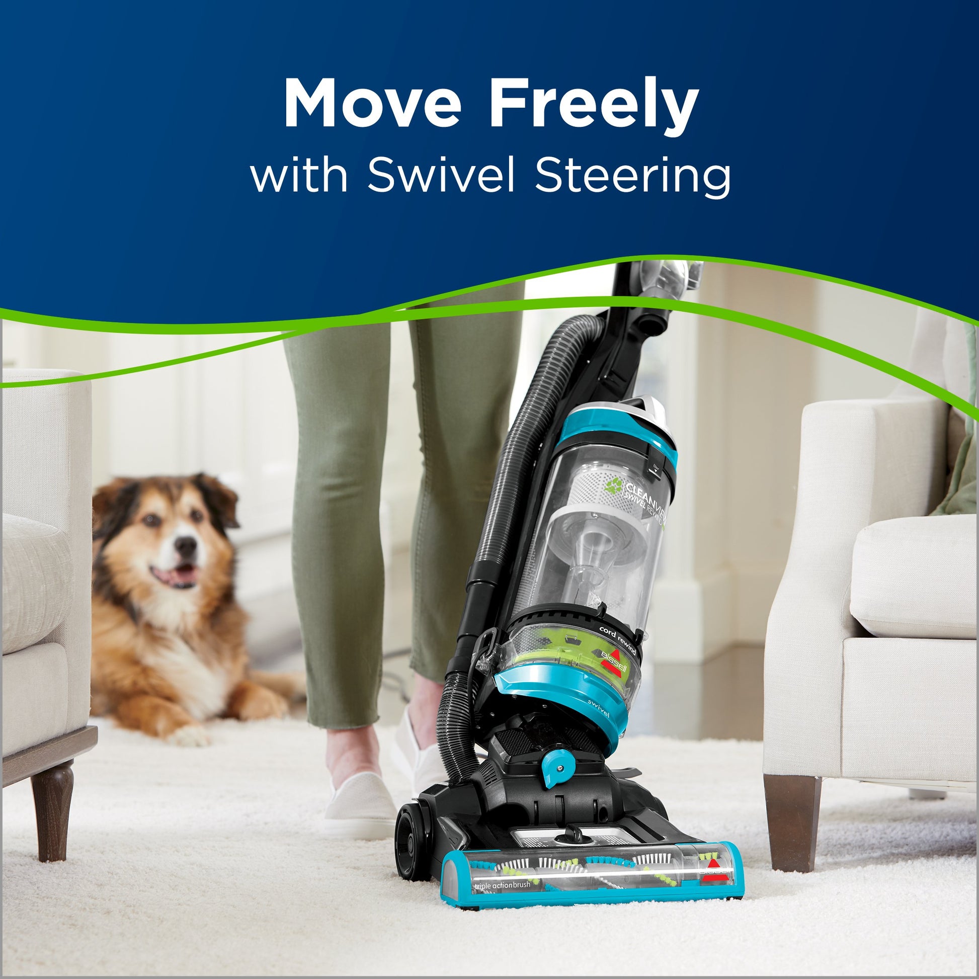 Bissell Cleanview - Aspirador Giratorio para Mascotas, Aspiradora Solamente, Teal Rewind Pet, 1