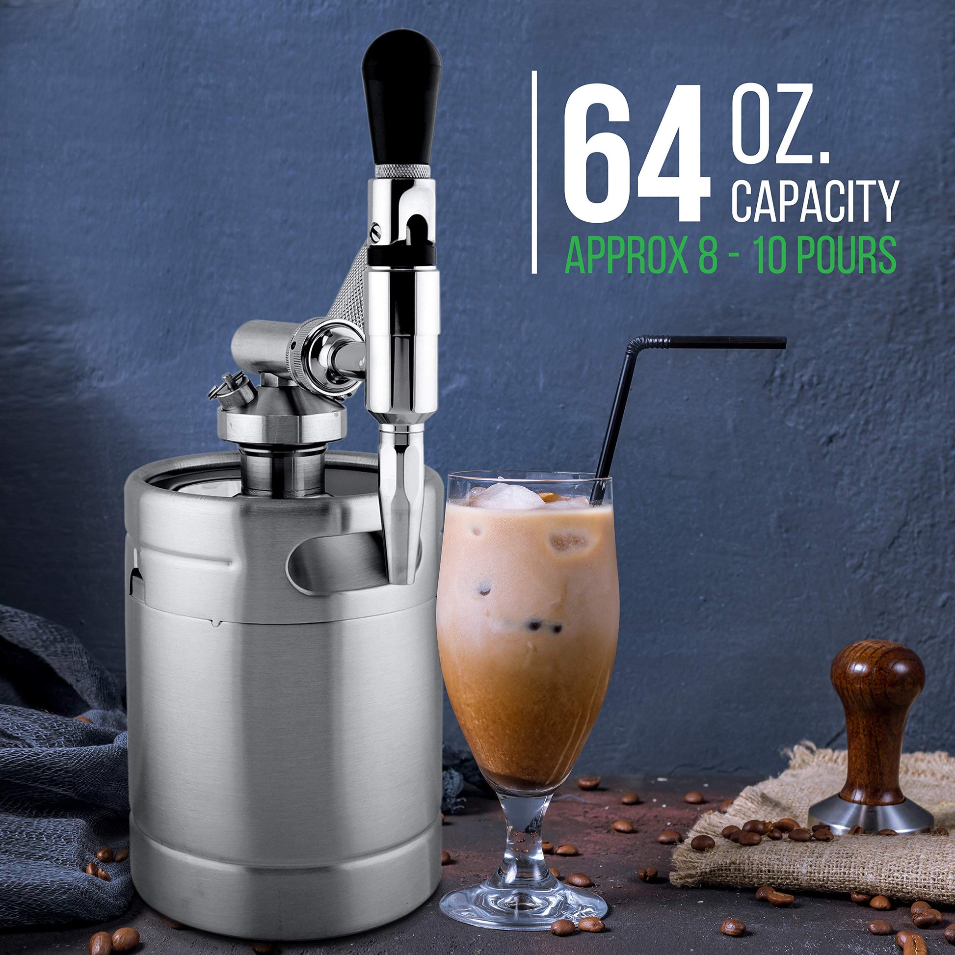 NutriChef NCNTROCB10 - Cafetera fría Nitro, barril de café con nitrógeno, sistema dispensador de máquina de café con kit de válvula de alivio de presión y llave de crema resistente, acero inoxidable