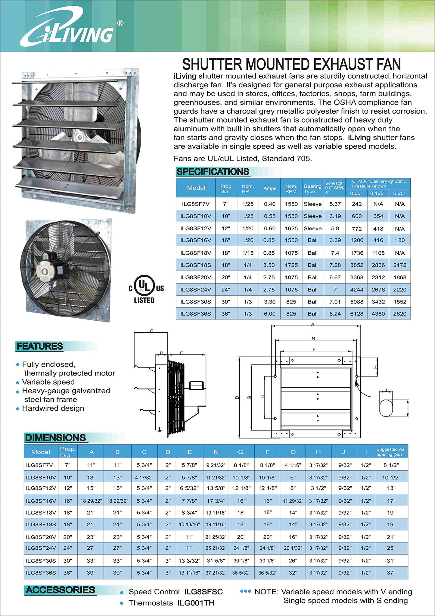 iLiving - Ventilador de escape montado en la pared de 16 pulgadas, obturador automático, velocidad variable, ventilador de ventilación para el hogar, el cobertizo o la ventilación del cochera, 1200 CFM, área de cobertura de 1800 m2 (cable de alimentación