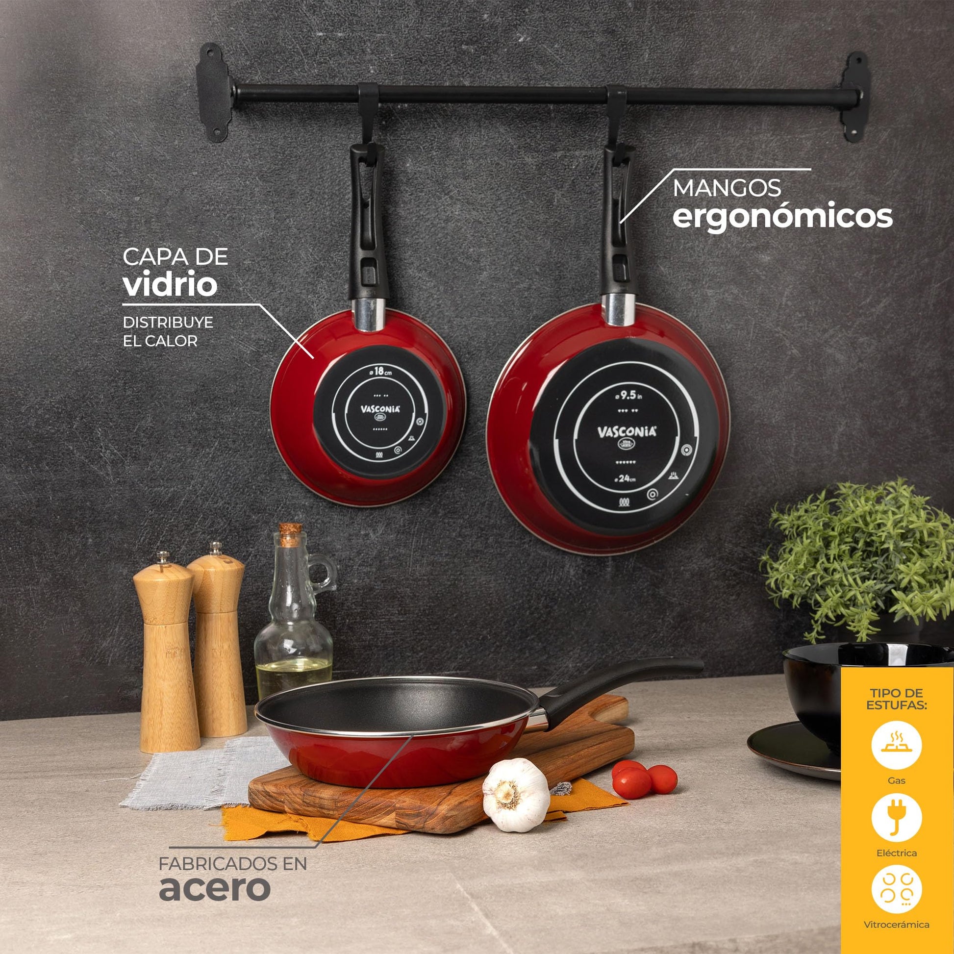 Juego de Sartenes Vasconia Rojo Antiadherente de Vitroacero 4 Piezas