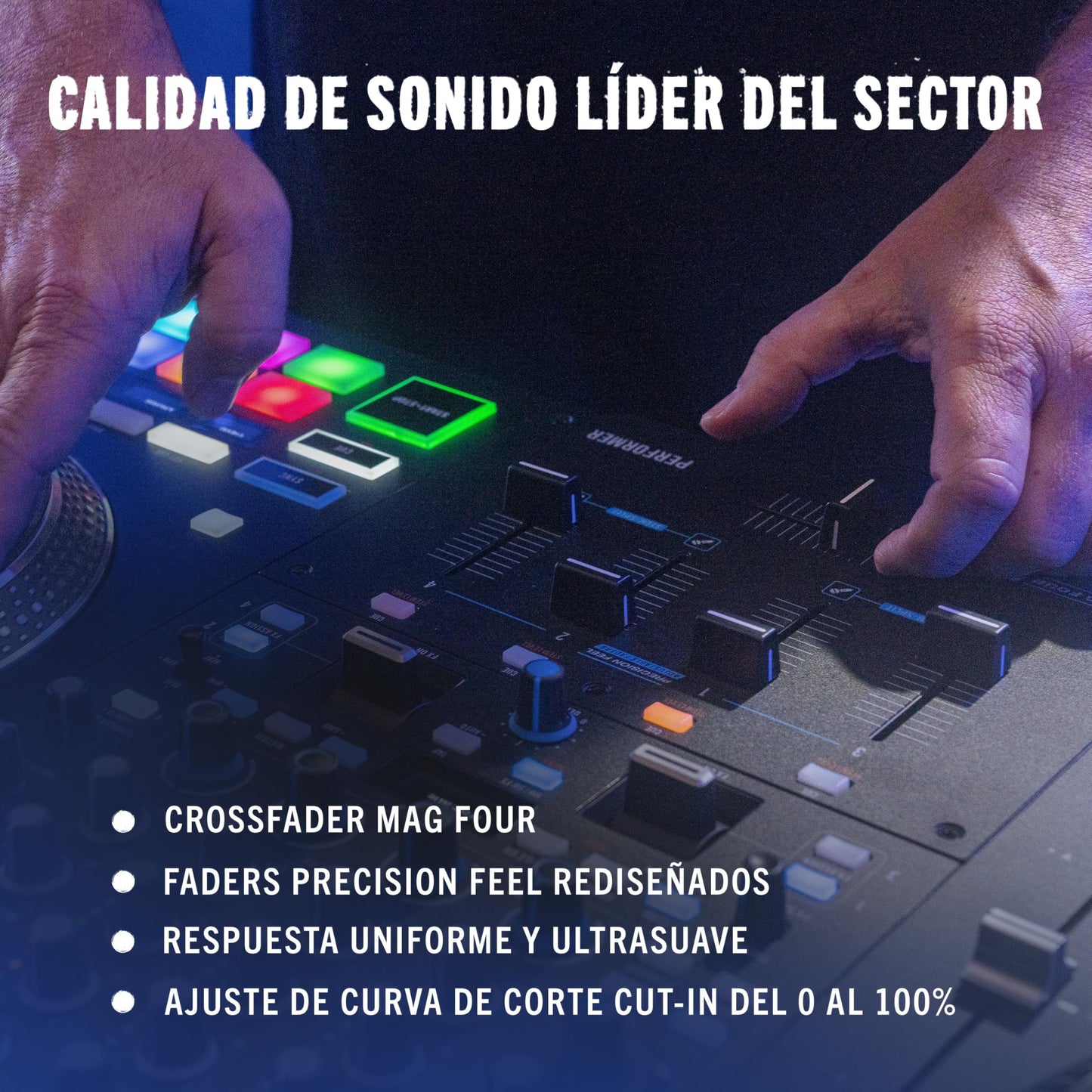 Controlador DJ Rane Performer Negro Motorizado 4 Canales con Platos 7" Displays Faders Precision Feel Stems FX Avanzado Serato DJ Pro