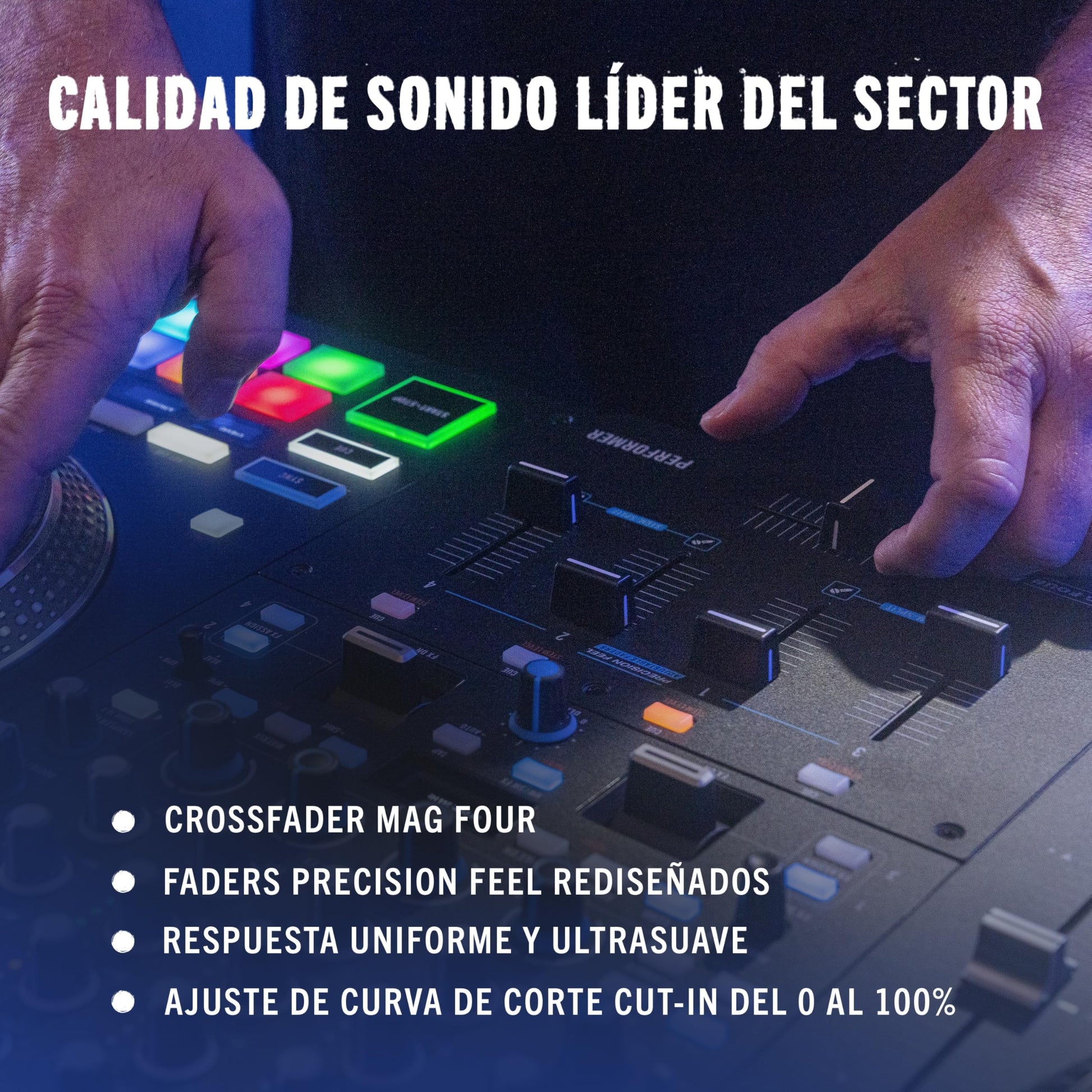 Controlador DJ Rane Performer Negro Motorizado 4 Canales con Platos 7" Displays Faders Precision Feel Stems FX Avanzado Serato DJ Pro