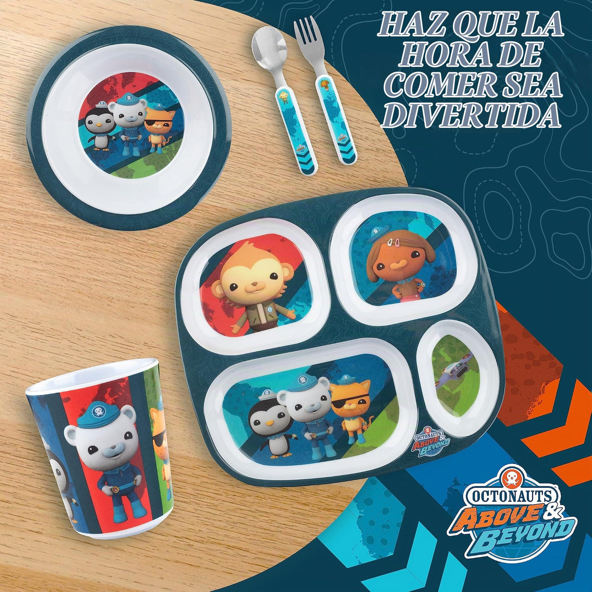 Octonauts - Juego de 5 platos divididos para la hora de la comida para niños y niños pequeños, incluye plato multicompartimento, cuenco, taza, tenedor y cuchara, utensilios duraderos, aptos para