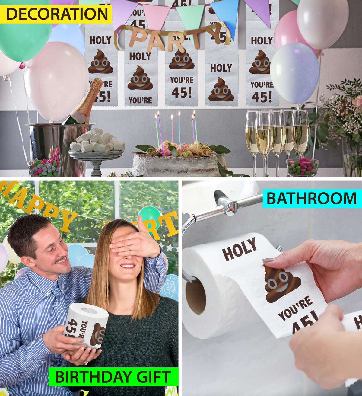 Papel Higiénico Impreso TP Holy Poop 45 Cumpleaños Divertido 500 Hojas para Hombre o Mujer